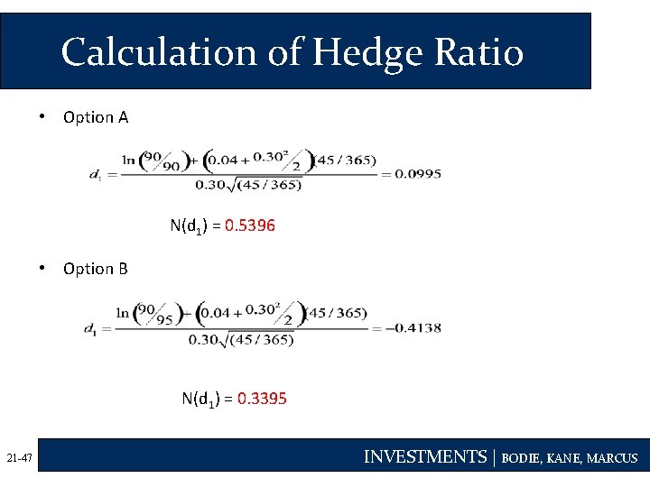 Calculation of Hedge Ratio • Option A N(d 1) = 0. 5396 • Option