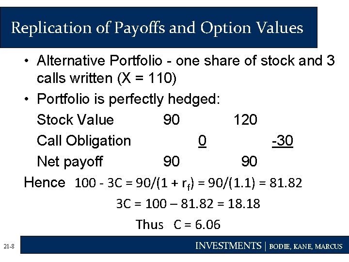 Replication of Payoffs and Option Values • Alternative Portfolio - one share of stock