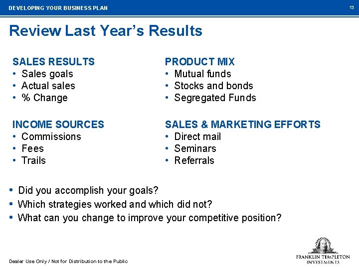 13 DEVELOPING YOUR BUSINESS PLAN Review Last Year’s Results SALES RESULTS • Sales goals