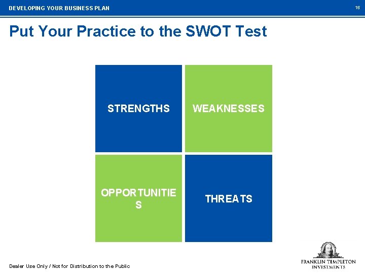 15 DEVELOPING YOUR BUSINESS PLAN Put Your Practice to the SWOT Test STRENGTHS WEAKNESSES