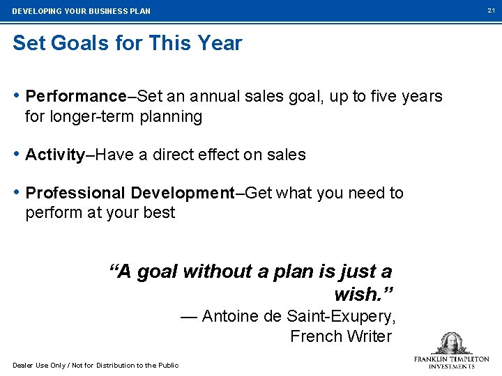 21 DEVELOPING YOUR BUSINESS PLAN Set Goals for This Year • Performance–Set an annual