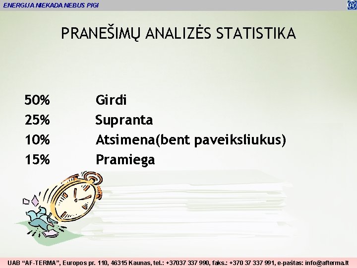 ENERGIJA NIEKADA NEBUS PIGI PRANEŠIMŲ ANALIZĖS STATISTIKA 50% 25% 10% 15% Girdi Supranta Atsimena(bent