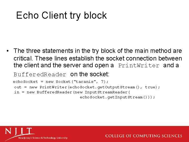 Echo Client try block • The three statements in the try block of the