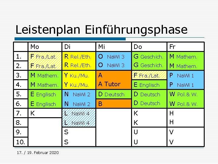 Leistenplan Einführungsphase Mo Di Do Fr 1. F Fra. /Lat. Rel. /Eth. 2. F