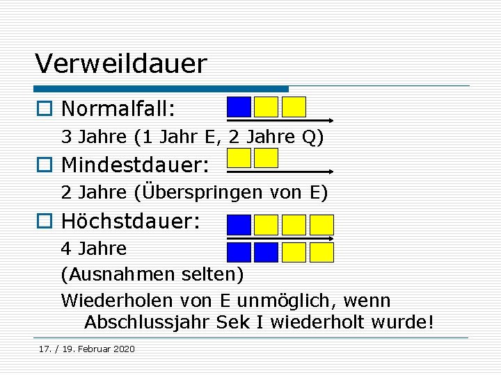 Verweildauer o Normalfall: 3 Jahre (1 Jahr E, 2 Jahre Q) o Mindestdauer: 2
