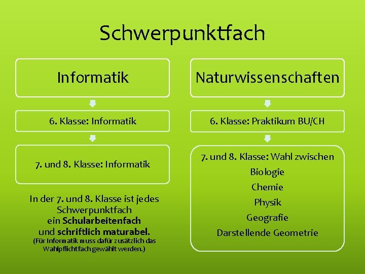 Schwerpunktfach Informatik Naturwissenschaften 6. Klasse: Informatik 6. Klasse: Praktikum BU/CH 7. und 8. Klasse: