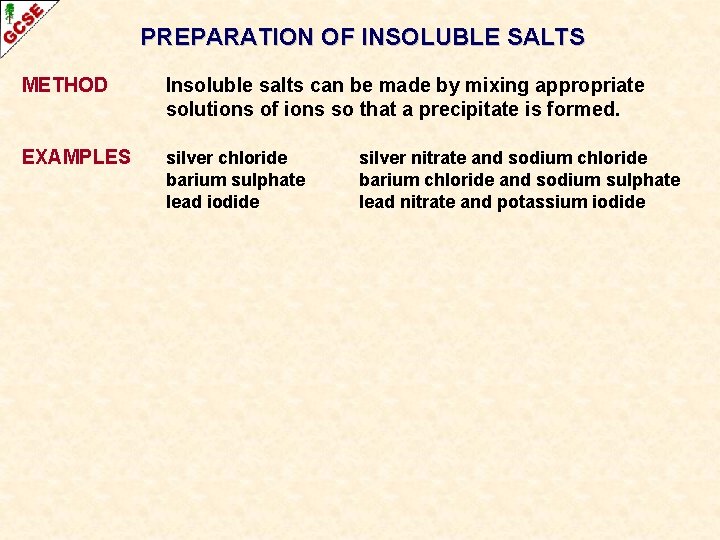 PREPARATION OF INSOLUBLE SALTS METHOD Insoluble salts can be made by mixing appropriate solutions