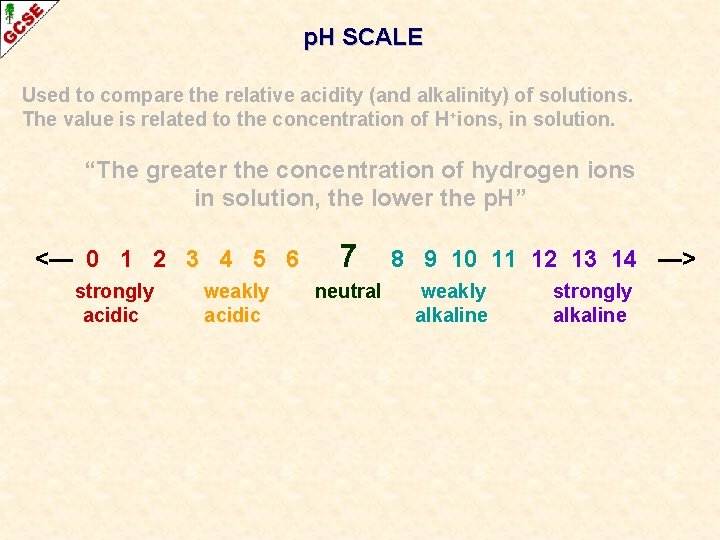 p. H SCALE Used to compare the relative acidity (and alkalinity) of solutions. The