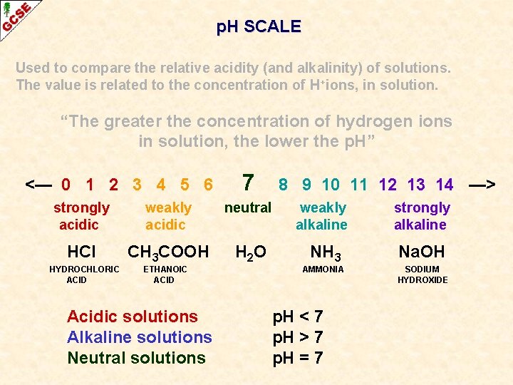 p. H SCALE Used to compare the relative acidity (and alkalinity) of solutions. The