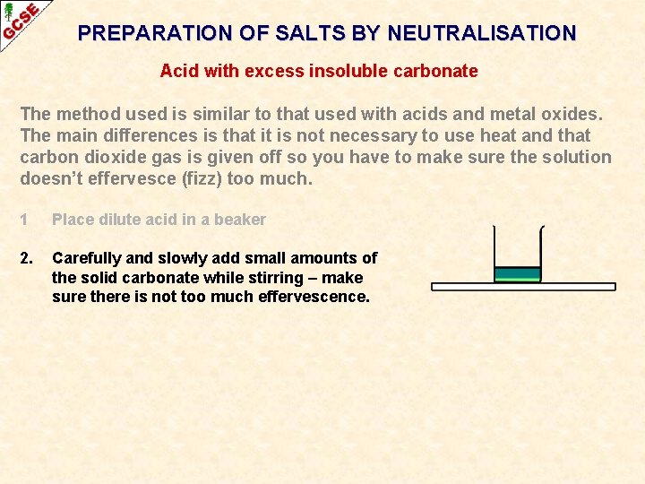 PREPARATION OF SALTS BY NEUTRALISATION Acid with excess insoluble carbonate The method used is