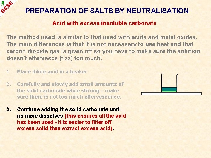 PREPARATION OF SALTS BY NEUTRALISATION Acid with excess insoluble carbonate The method used is