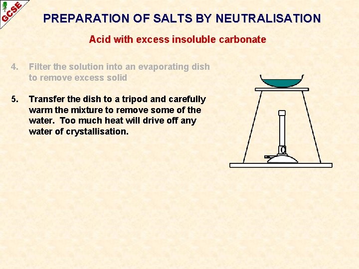 PREPARATION OF SALTS BY NEUTRALISATION Acid with excess insoluble carbonate 4. Filter the solution