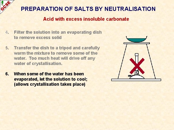 PREPARATION OF SALTS BY NEUTRALISATION Acid with excess insoluble carbonate 4. Filter the solution