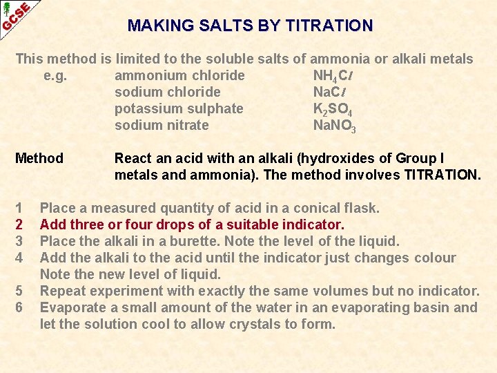 MAKING SALTS BY TITRATION This method is limited to the soluble salts of ammonia