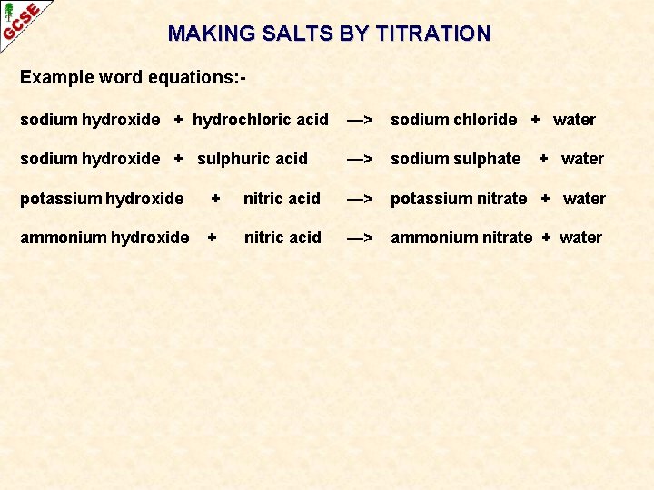 MAKING SALTS BY TITRATION Example word equations: sodium hydroxide + hydrochloric acid —> sodium