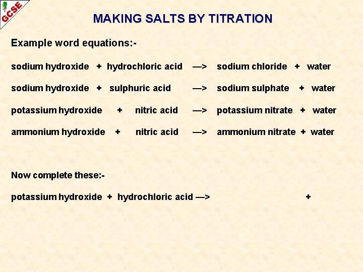 MAKING SALTS BY TITRATION Example word equations: sodium hydroxide + hydrochloric acid —> sodium