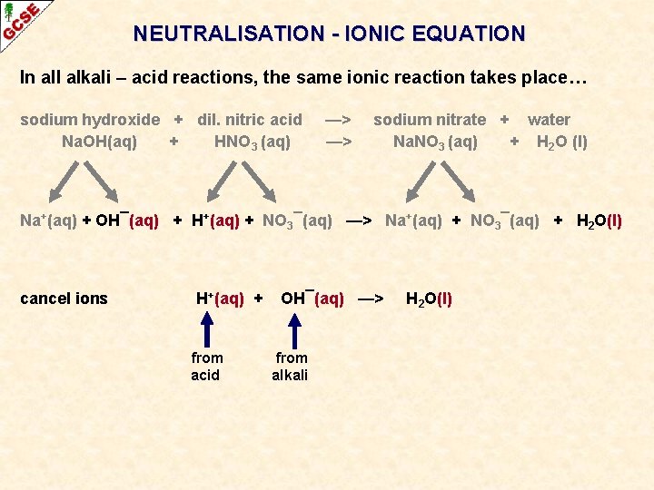 NEUTRALISATION - IONIC EQUATION In all alkali – acid reactions, the same ionic reaction