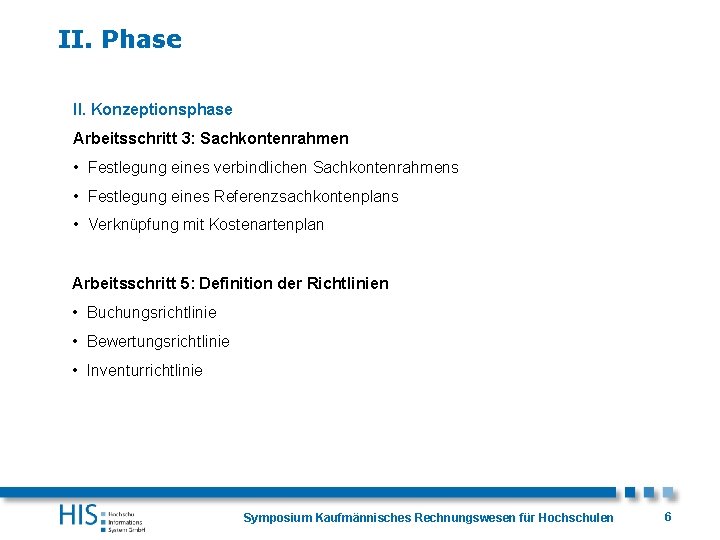 II. Phase II. Konzeptionsphase Arbeitsschritt 3: Sachkontenrahmen • Festlegung eines verbindlichen Sachkontenrahmens • Festlegung