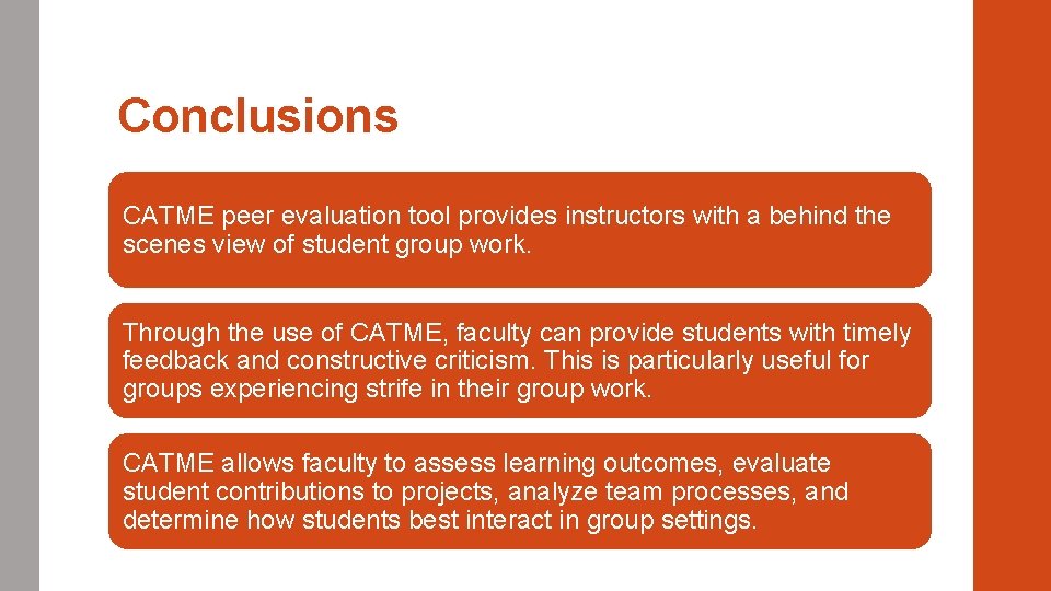 Conclusions CATME peer evaluation tool provides instructors with a behind the scenes view of