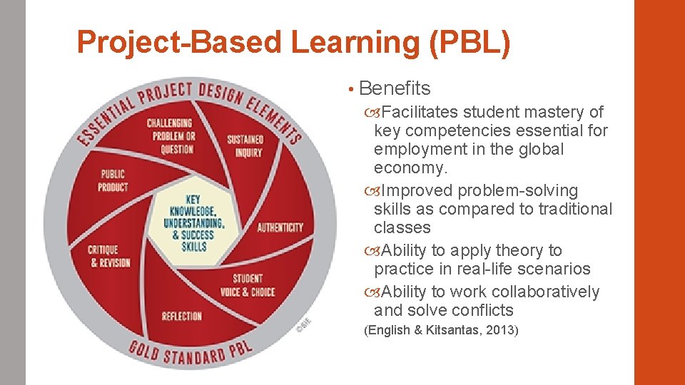 Project-Based Learning (PBL) • Benefits Facilitates student mastery of key competencies essential for employment