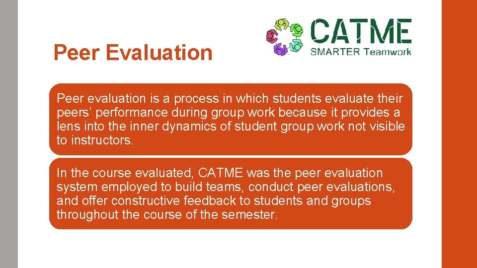 Peer Evaluation Peer evaluation is a process in which students evaluate their peers’ performance