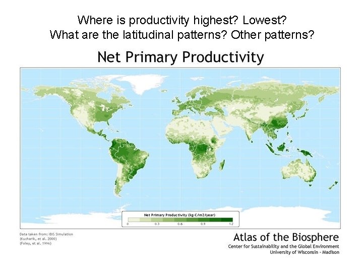 Where is productivity highest? Lowest? What are the latitudinal patterns? Other patterns? 13 Where is productivity highest? Lowest? What are the latitudinal patterns? Other patterns? 13