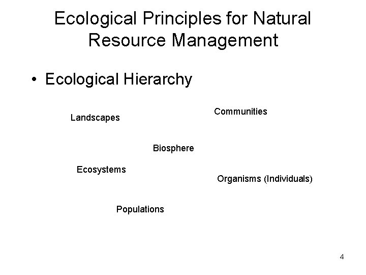 Ecological Principles for Natural Resource Management • Ecological Hierarchy Communities Landscapes Biosphere Ecosystems Organisms Ecological Principles for Natural Resource Management • Ecological Hierarchy Communities Landscapes Biosphere Ecosystems Organisms