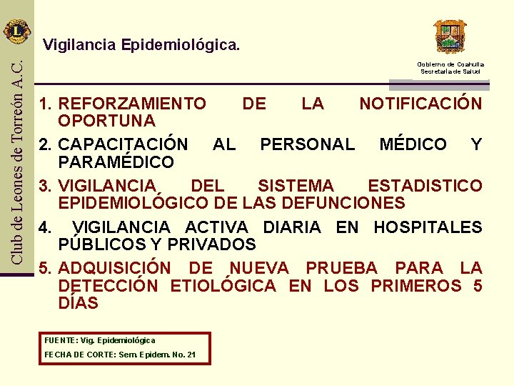 Club de Leones de Torreón A. C. Vigilancia Epidemiológica. Gobierno de Coahuila Secretaría de