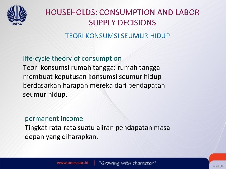 HOUSEHOLDS: CONSUMPTION AND LABOR SUPPLY DECISIONS TEORI KONSUMSI SEUMUR HIDUP life-cycle theory of consumption