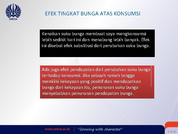 EFEK TINGKAT BUNGA ATAS KONSUMSI Kenaikan suku bunga membuat saya mengkonsumsi lebih sedikit hari