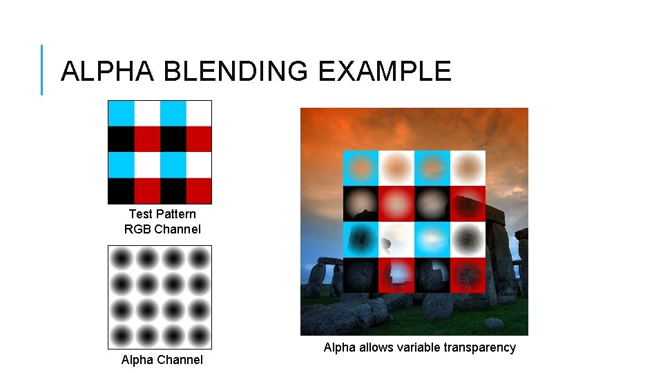 ALPHA BLENDING EXAMPLE Test Pattern RGB Channel Alpha allows variable transparency 