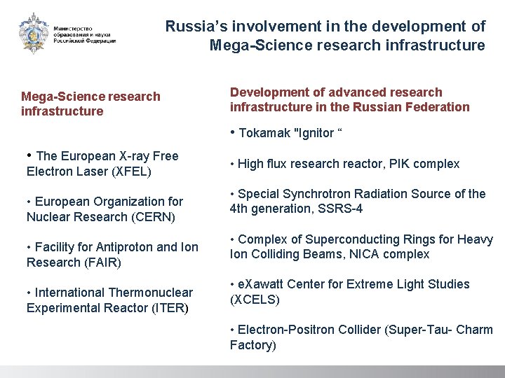 Russia’s involvement in the development of Mega-Science research infrastructure Development of advanced research infrastructure