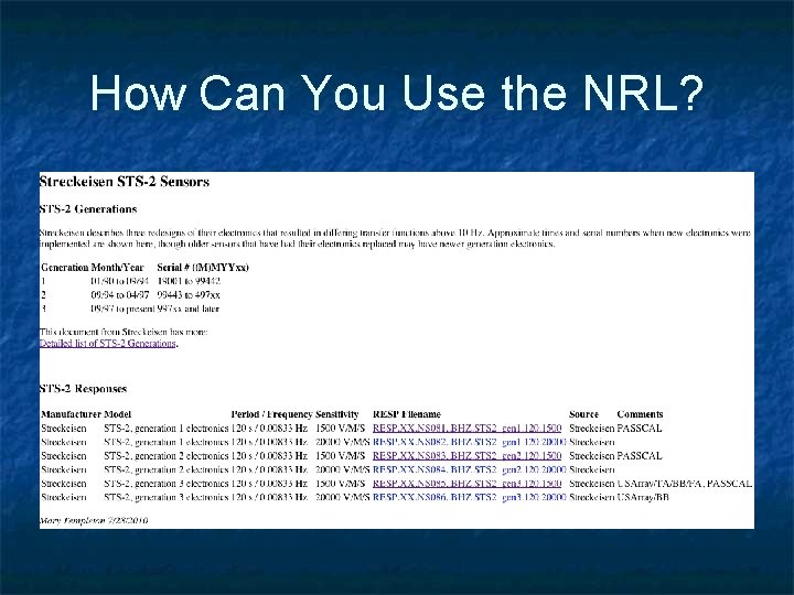 Station Metadata The NRL Nominal Response Library Dr