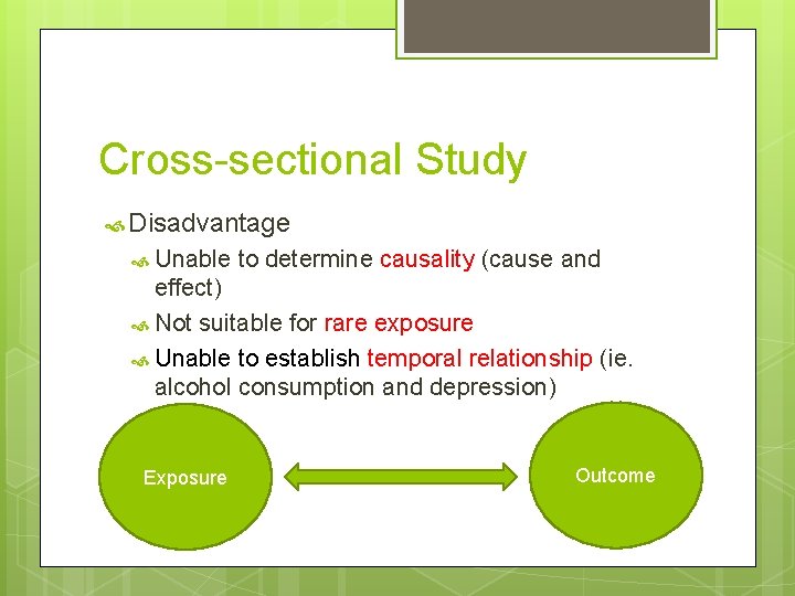 Cross-sectional Study Disadvantage Unable to determine causality (cause and effect) Not suitable for rare