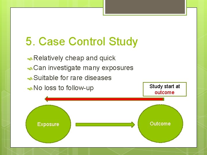 5. Case Control Study Relatively cheap and quick Can investigate many exposures Suitable for