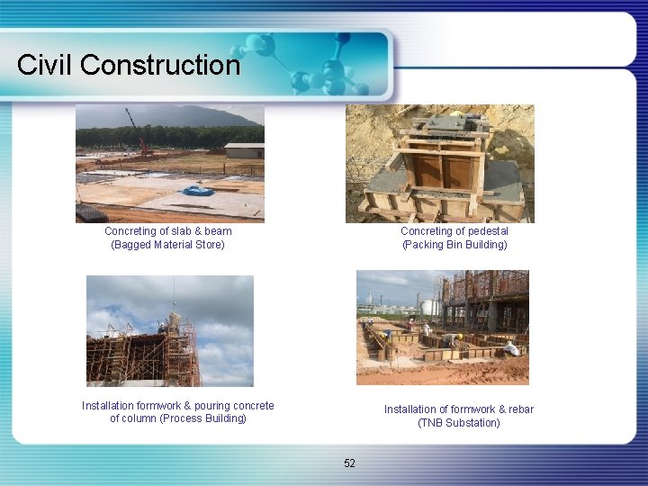 Civil Construction Concreting of slab & beam (Bagged Material Store) Concreting of pedestal (Packing