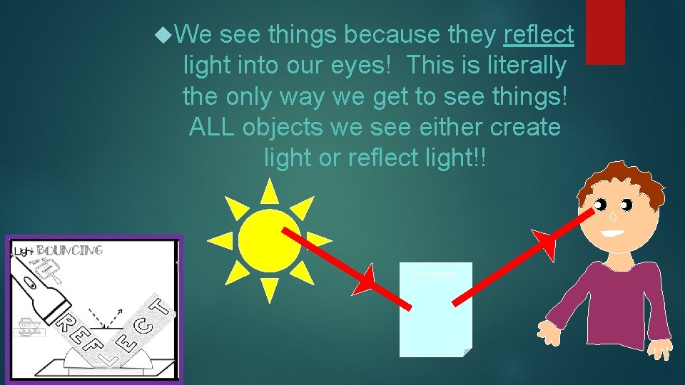  We see things because they reflect light into our eyes! This is literally