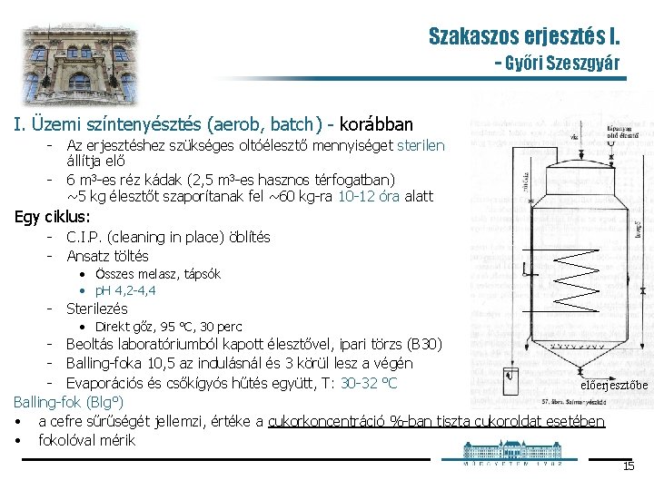 Szakaszos erjesztés I. - Győri Szeszgyár I. Üzemi színtenyésztés (aerob, batch) korábban Az erjesztéshez