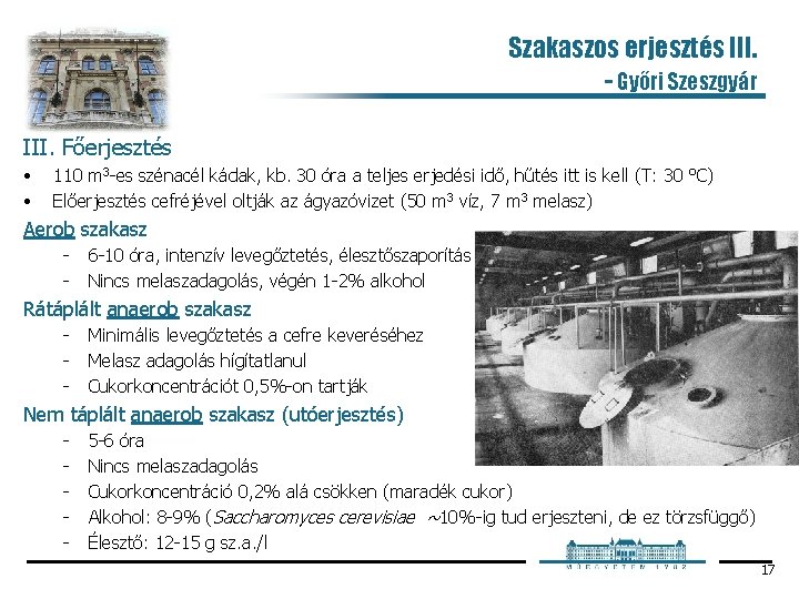 Szakaszos erjesztés III. - Győri Szeszgyár III. Főerjesztés • • 110 m 3 es