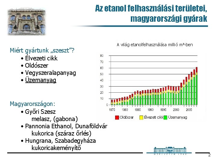 Az etanol felhasználási területei, magyarországi gyárak Miért • • gyártunk „szeszt”? Élvezeti cikk Oldószer