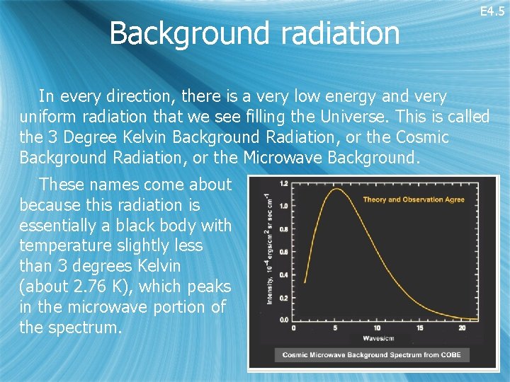 Background radiation E 4. 5 In every direction, there is a very low energy