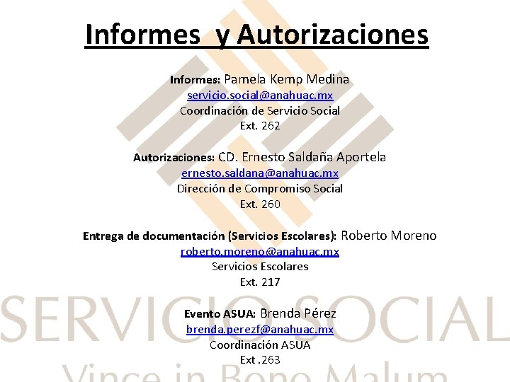 Informes y Autorizaciones Informes: Pamela Kemp Medina servicio. social@anahuac. mx Coordinación de Servicio Social