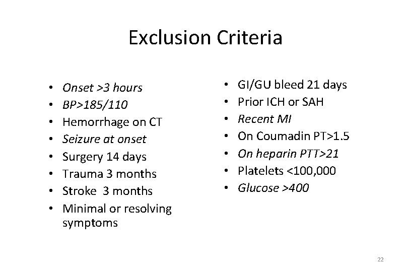 Exclusion Criteria • • Onset >3 hours BP>185/110 Hemorrhage on CT Seizure at onset