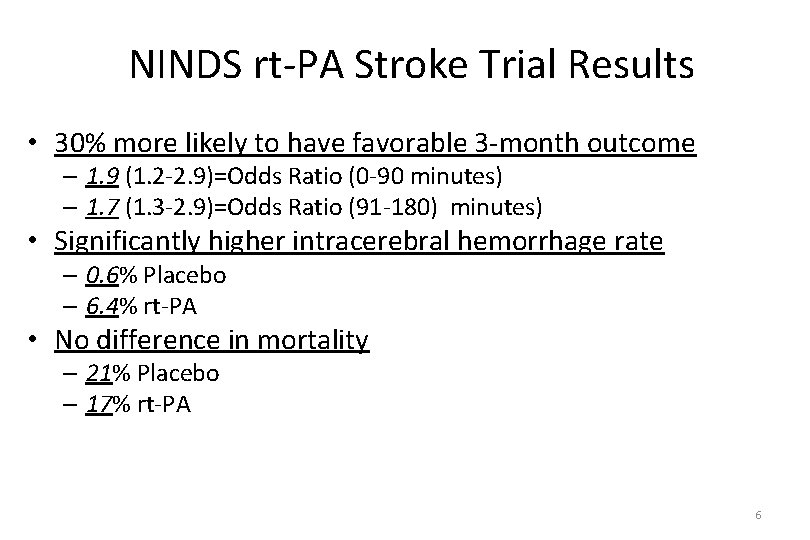 NINDS rt-PA Stroke Trial Results • 30% more likely to have favorable 3 -month