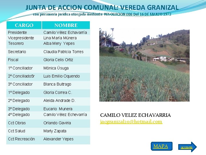 JUNTA DE ACCION COMUNAL: VEREDA GRANIZAL con personería jurídica otorgada mediante RESOLUCION 086 Del