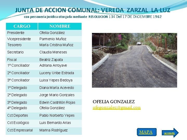 JUNTA DE ACCION COMUNAL: VEREDA ZARZAL LA LUZ con personería jurídica otorgada mediante RESOLUCION