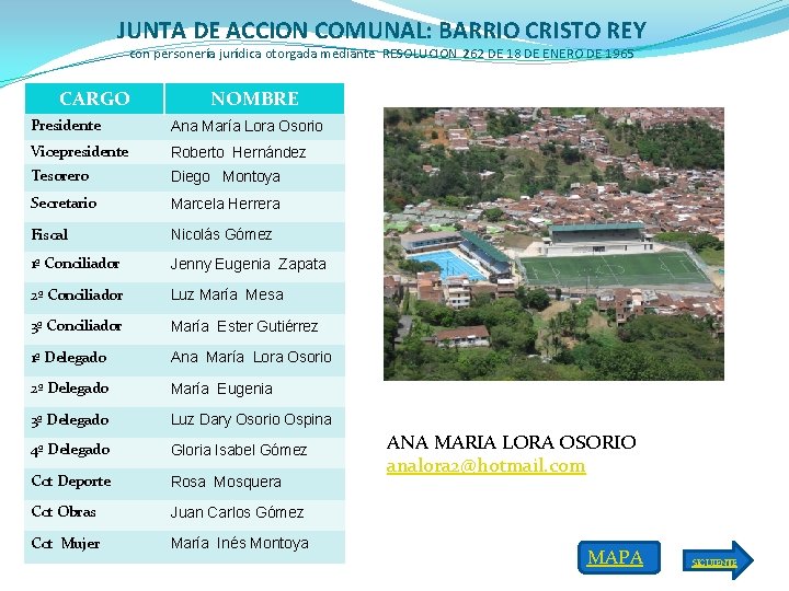 JUNTA DE ACCION COMUNAL: BARRIO CRISTO REY con personería jurídica otorgada mediante RESOLUCION 262