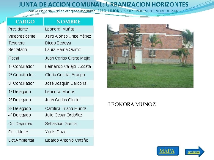 JUNTA DE ACCION COMUNAL: URBANIZACION HORIZONTES con personería jurídica otorgada mediante RESOLUCION 2553 Del