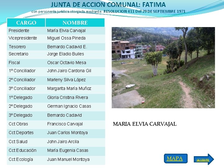 JUNTA DE ACCION COMUNAL: FATIMA con personería jurídica otorgada mediante RESOLUCION 411 Del 29