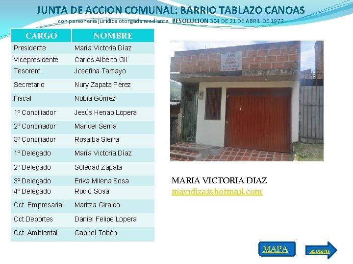 JUNTA DE ACCION COMUNAL: BARRIO TABLAZO CANOAS con personería jurídica otorgada mediante RESOLUCION 304